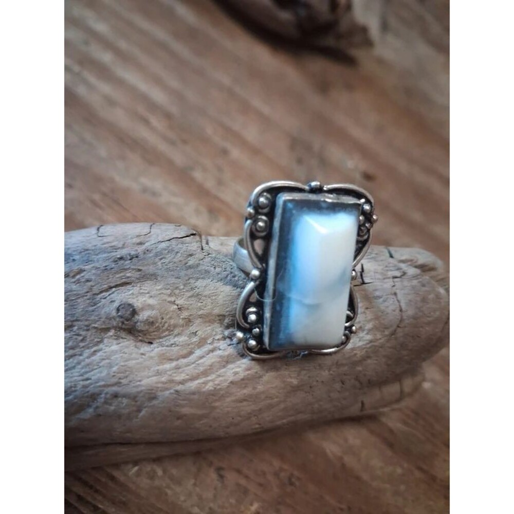 Size 6.25 white Dendritic opal boho artisan made ring